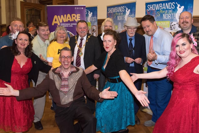The Mayor Councillor Maolíosa Mc Hugh who welcomed Margaret McCrossan from Mayoral Charity AWARE, the Jive Aces and Gay McIntyre in the Guildhall at the opening Charity Concert in aid of Aware, at the 2018 City of Derry Jazz and Big Band Festival.