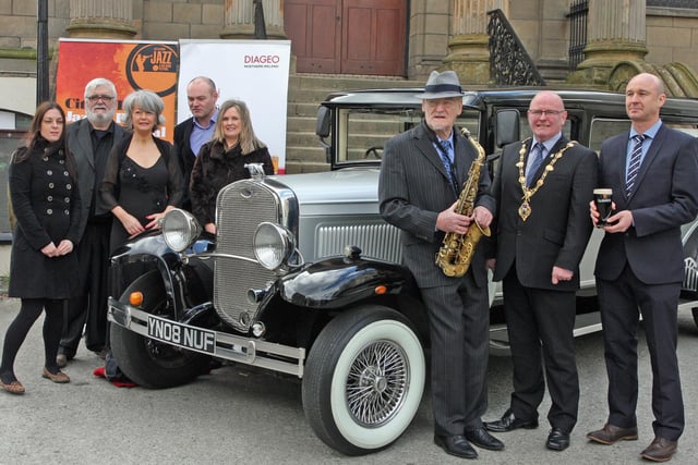 Group pictured at the launch of the 2013 City of Derry Jazz and Big Band Festival. From left, Claire McDermott, Dave Fleming, Ursula McHugh, Paul McIntyre, performers and Elaine Griffin, Derry City Council. On right are Gay McIntyre, Councillor Kevin Campbell, Mayor of Derry and Barney McCann, Diageo.