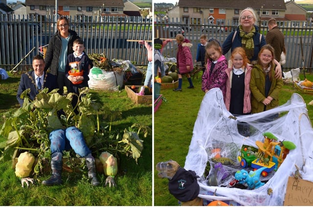 LEFT: Bunscoil Cholmcille prize winning pupil Dara pictured with Mayor Alderman Graham Warke and classroom assistant Bronagh Halpenny at the school’s Halloween plant beds competition on Monday afternoon last. DER2143GS – 044
RIGHT: Bunscoil Cholmcille pupils Nevaeh, Faye, Oliva with Tina at the judging of the school’s Halloween plant beds competition on Monday afternoon last. DER2143GS – 037