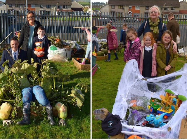 LEFT: Bunscoil Cholmcille prize winning pupil Dara pictured with Mayor Alderman Graham Warke and classroom assistant Bronagh Halpenny at the school’s Halloween plant beds competition on Monday afternoon last. DER2143GS – 044
RIGHT: Bunscoil Cholmcille pupils Nevaeh, Faye, Oliva with Tina at the judging of the school’s Halloween plant beds competition on Monday afternoon last. DER2143GS – 037