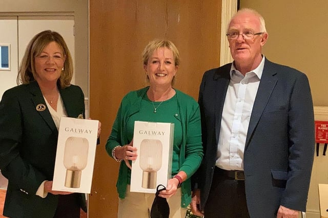 Pictured at Ladies final prizenight 2021 at Lisburn Golf Club are Heather Irwin who with her partner Anne Orr won the open greensomes sponsored by All Blinds and Curtains. Ken Haslem is pictured on behalf of sponsors