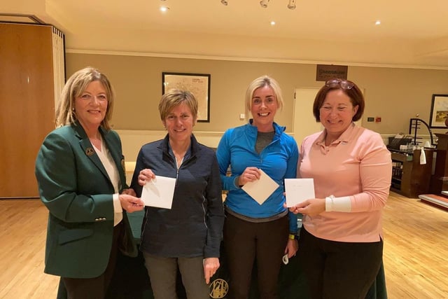 Pauline Ferguson, Nicola Davis and Tracey Walsh end of season 9 hole waltz pictured at the ladies final prize night 2021 at Lisburn Golf Club