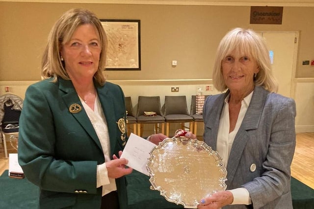 Doreen Green with the Brodie salver for best monthly stroke at the ladies final prize night 2021 at Lisburn Golf Club