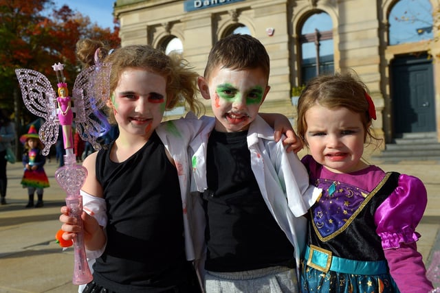 Anna, Karl and Nora dressed for Halloween in Guildhall Square on Friday afternoon. Photo: George Sweeney.  DER2143GS – 090