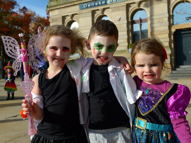 Anna, Karl and Nora dressed for Halloween in Guildhall Square on Friday afternoon. Photo: George Sweeney. DER2143GS – 090
