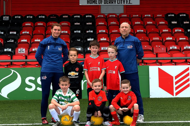 Young soccer players pictured with coaches Shannon Dunne and Aaron Rogan at the recent Ryan McBride Halloween Camp held at Brandywell Stadium.