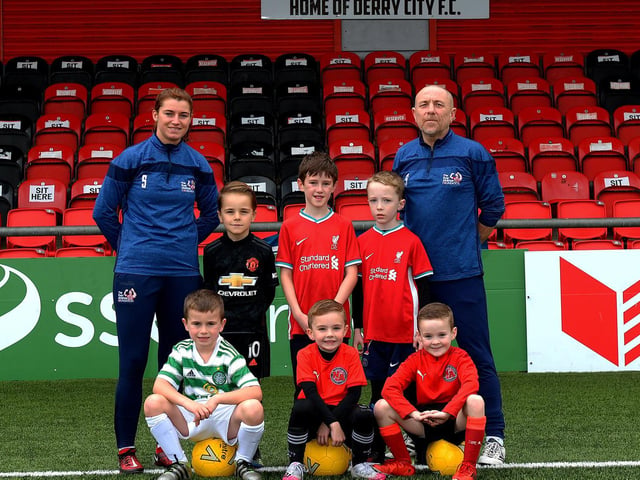 Young soccer players pictured with coaches Shannon Dunne and Aaron Rogan at the recent Ryan McBride Halloween Camp held at Brandywell Stadium.