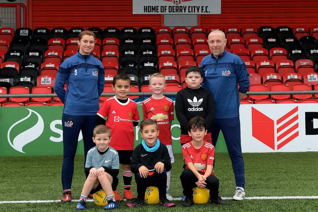 Young footballers pictured with coaches Shannon Dunne and Aaron Rogan at the recent Ryan McBride Halloween Camp held at Brandywell Stadium.