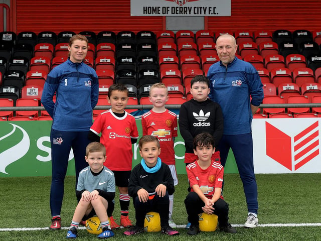 Young footballers pictured with coaches Shannon Dunne and Aaron Rogan at the recent Ryan McBride Halloween Camp held at Brandywell Stadium.