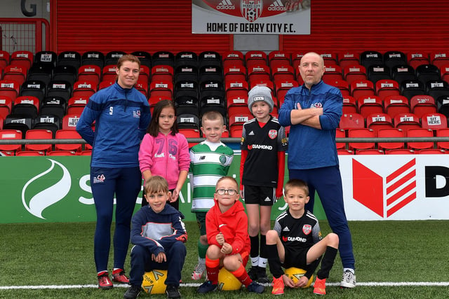 Boys and girls pictured with coaches Shannon Dunne and Aaron Rogan at the recent Ryan McBride Halloween Camp held at Brandywell Stadium.