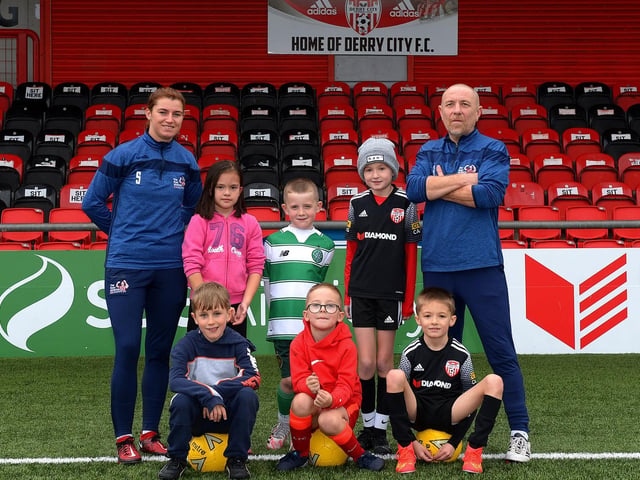 Boys and girls pictured with coaches Shannon Dunne and Aaron Rogan at the recent Ryan McBride Halloween Camp held at Brandywell Stadium.
