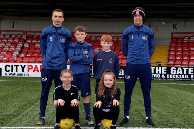 Boys and girls pictured with coaches Paul McLaughlin and Ciaron Harkin at the recent Ryan McBride Halloween Camp held at Brandywell Stadium.