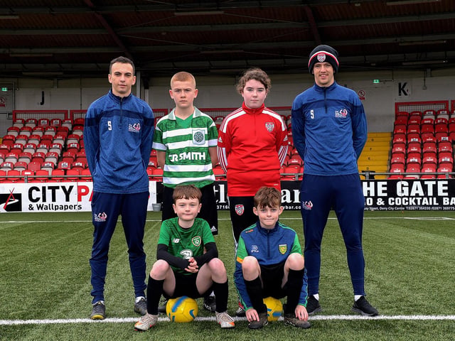 Boys and girls pictured with coaches Paul McLaughlin and Ciaron Harkin at the recent Ryan McBride Halloween Camp held at Brandywell Stadium.