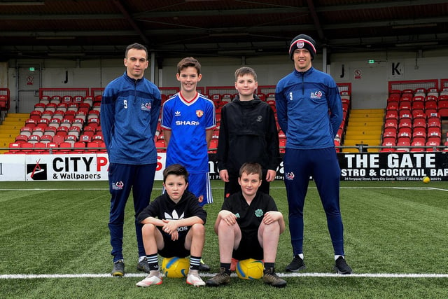 Young footballers pictured with coaches Paul McLaughlin and Ciaron Harkin at the recent Ryan McBride Halloween Camp held at Brandywell Stadium.