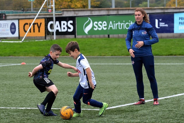 Coach Shannon Dunne watches the action at the recent Ryan McBride Halloween Camp held at Brandywell Stadium.