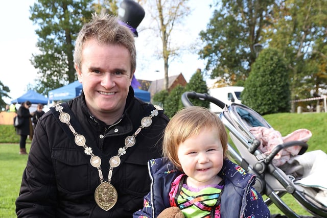 Mayor Martin with his youngest daugther Hallie enjoying the Halloween Hoolie in Castle Gardens.