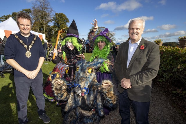 Mayor, Alderman Stephen Martin and Councillor Thomas Beckett, Leisure & Community Development Vice-Chair are pictured with Milly, Tilly and Lucifer who entertained our Halloween Hoolie guests.