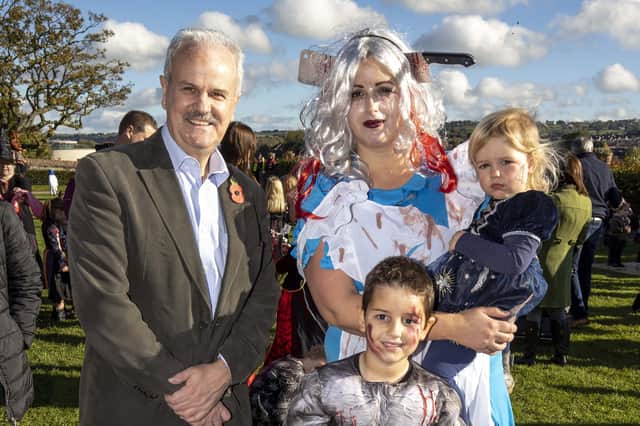 Councillor Thomas Beckett, Leisure & Community Development Vice-Chair is pictured with Samantha, Jude and Faye Carson at the Castle Gardens Halloween Hoolie.