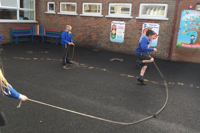 upils from Macosquin Primary School enjoy skipping in the school-yard as part of the Heritage Games organized by Causeway Coast and Glens Borough Council