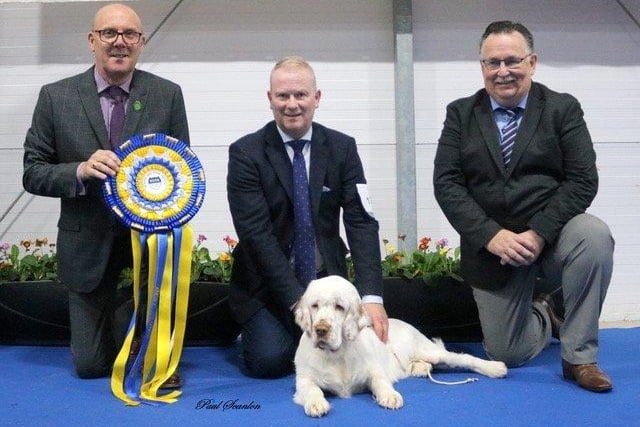 Judge Mr Ian Blackshaw and Jackie Stubbs, secretary with best puppy in show, a Clumber Spaniel owned by Ralph Dunne from the Republic of Ireland. Picture: Paul Scanlon