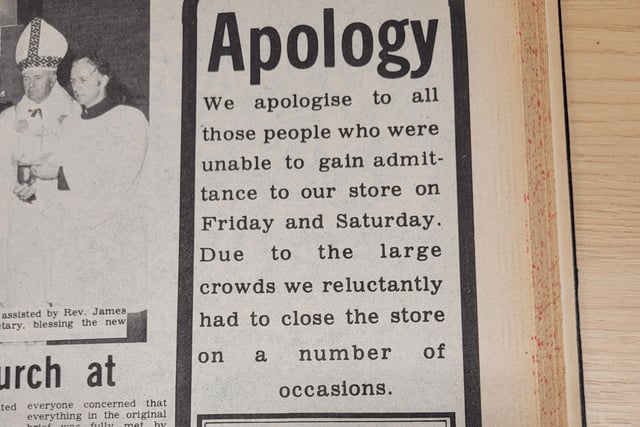 Derry Journal 1976, Austins Department Store published an apology after closing their doors during a sale because of large crowds. The store, which was located on The Diamond in the city centre and was the oldest independant department store in the world before it closed in 2016.