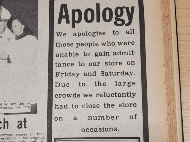 Derry Journal 1976, Austins Department Store published an apology after closing their doors during a sale because of large crowds. The store, which was located on The Diamond in the city centre and was the oldest independant department store in the world before it closed in 2016.