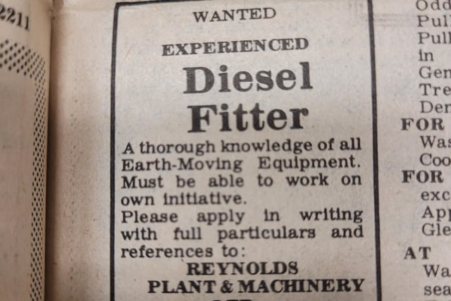 An experienced Diesel fitter was wanted with 'thorough knowledge of all Earth-Moving Equipment' in 1976