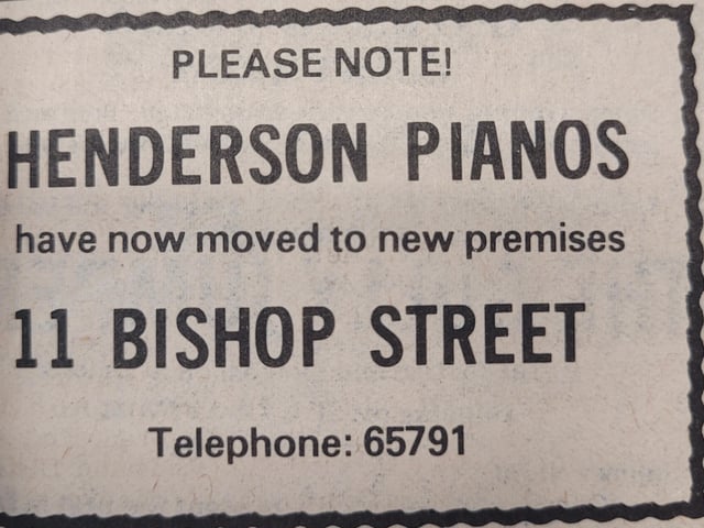 Henderson Pianos moved to their new premises on Bishop Street in 1976. Hendersons are still based in the same location but they now sell a range of musical instruments.