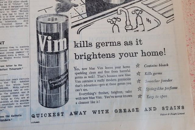 'New Blue Vim' was advertised in 1958 for killing germs and brightening your home. This would come in handy now with Covid-19.