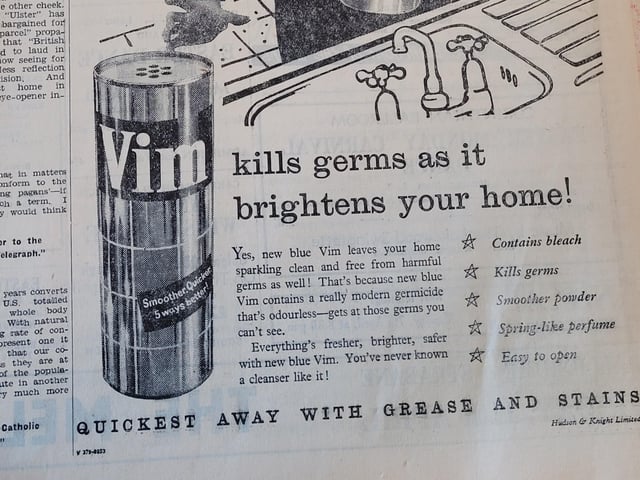'New Blue Vim' was advertised in 1958 for killing germs and brightening your home. This would come in handy now with Covid-19.