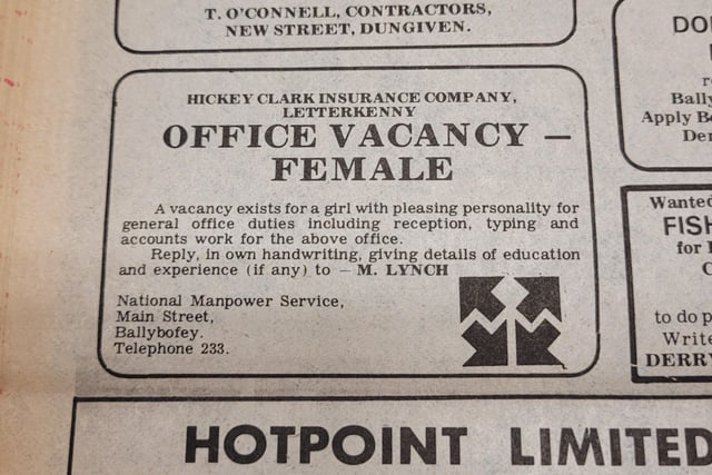 'Journal' 1976, "a vacancy exists for a girl with a pleasing personality for general office duties"