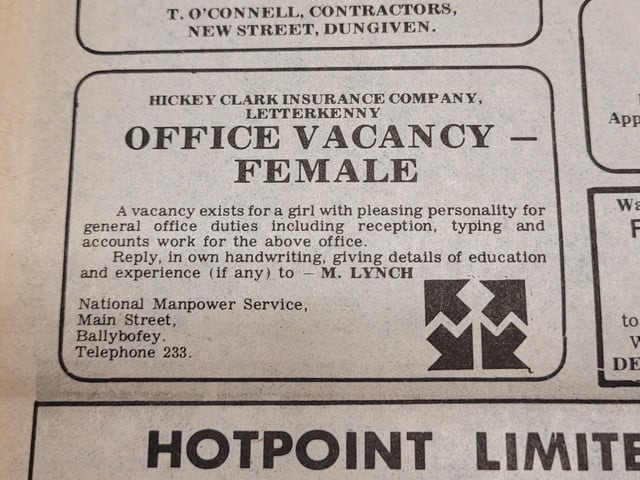 'Journal' 1976, "a vacancy exists for a girl with a pleasing personality for general office duties"