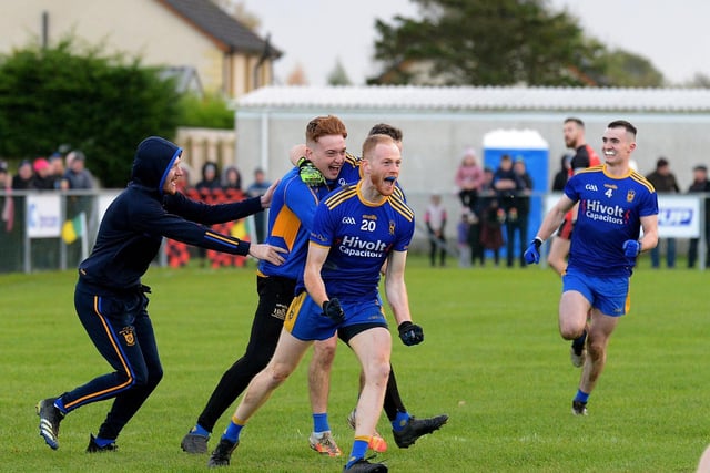 Steelstown players celebrate defeating Greenlough in the Intermediate Football Championship Final in Ballymaguigan. ( Photo: George Sweeney.) DER2144GS – 031