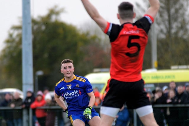 HISTORIC KICK: Cahir McMonagle's late free which gave Steelstown victory over Greenlough in the Intermediate Football Championship Final. (Photo: George Sweeney. DER2144GS – 045)