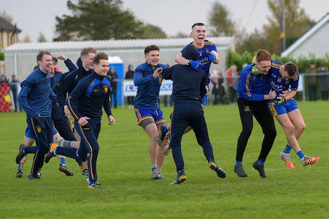 Steelstown players celebrate defeating Greenlough in the Intermediate Football Championship Final in Ballymaguigan on Saturday. (Photo: George Sweeney.) DER2144GS – 032