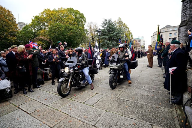 Riders from Rolling Thunder UK join the funeral cortege of at the funeral of Dennis Hutchings, who died after contracting Covid-19 while he was in Belfast to face trial over a fatal shooting incident in Co Tyrone in 1974, at St Andrew's Church in Plymouth. Picture date: Thursday November 11, 2021.