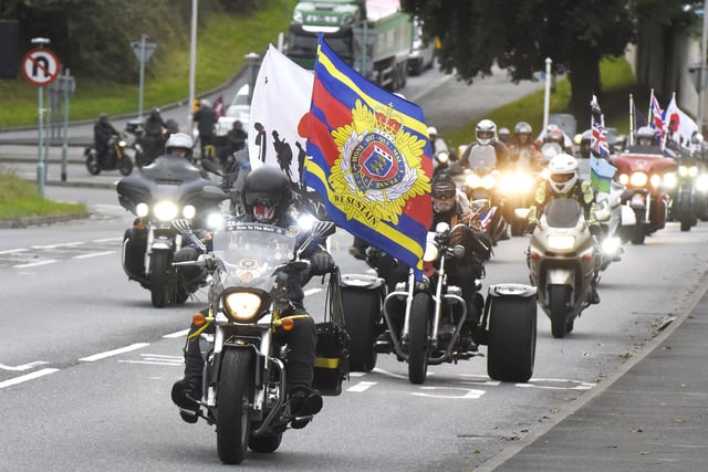 Riders from Rolling Thunder UK join the cortege towards St Andrew's Church in Plymouth for the funeral of Dennis Hutchings, who died after contracting Covid-19 while he was in Belfast to face trial over a fatal shooting incident in Co Tyrone in 1974. Picture date: Thursday November 11, 2021.