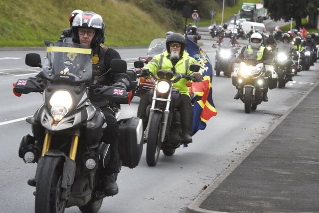 Riders from Rolling Thunder UK join the cortege towards St Andrew's Church in Plymouth for the funeral of Dennis Hutchings, who died after contracting Covid-19 while he was in Belfast to face trial over a fatal shooting incident in Co Tyrone in 1974. Picture date: Thursday November 11, 2021.