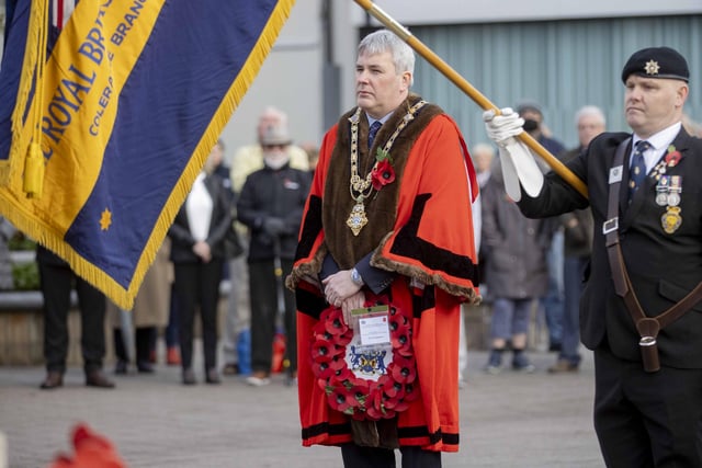 The Mayor of Causeway Coast and Glens Borough Council Councillor Richard Holmes pictured at the War Memorial in Coleraine during a service to mark Armistice Day.