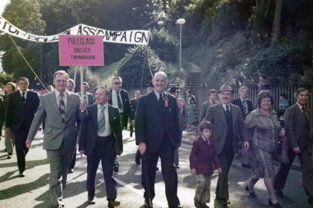 Stop Poleglass! Lisburn Councillors Rev William Beattie, Elsie Kelsey and Sam Semple on a march protesting the building of Poleglass in 1980, a new nationalist housing estate, within the borough. The council refused to service the area, but were later ordered by the courts.