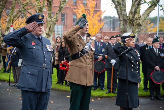 Pacemaker Press 141121 Members of the Armed Forces pictured at the Remembrance Service at Ballymena, where wreaths were laid and tributes paid. Photo: Kirth Ferris/ Pacemaker Press