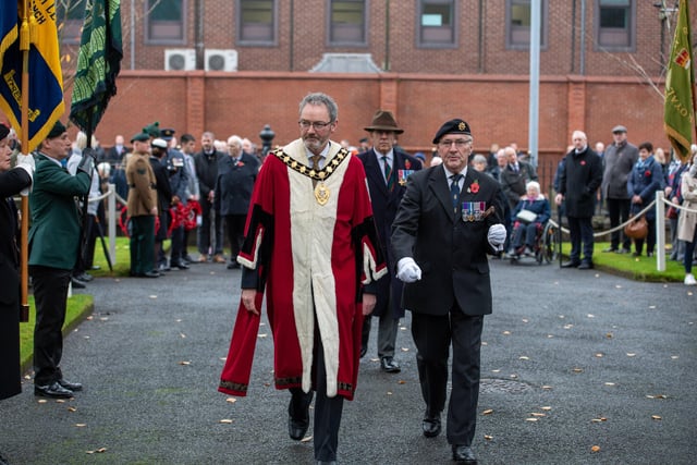 Pacemaker Press 141121 Mayor William McCaughey pictured at the Remembrance Service at Ballymena, where wreaths were laid and tributes paid. Photo: Kirth Ferris/ Pacemaker Press
