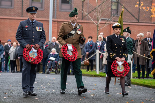 Pacemaker Press 141121 Members of the Armed Forces pictured at the Remembrance Service at Ballymena, where wreaths were laid and tributes paid. Photo: Kirth Ferris/ Pacemaker Press