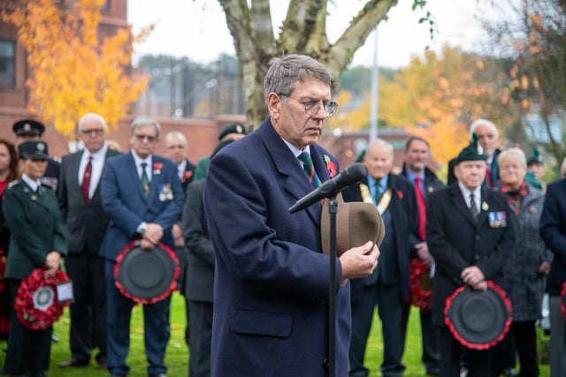 Pacemaker Press 141121 The Deputy Lord Lieutenant Colonel S.J. Douglas, OBE pictured at the Remembrance Service at Ballymena, where wreaths were laid and tributes paid. Photo: Kirth Ferris/ Pacemaker Press