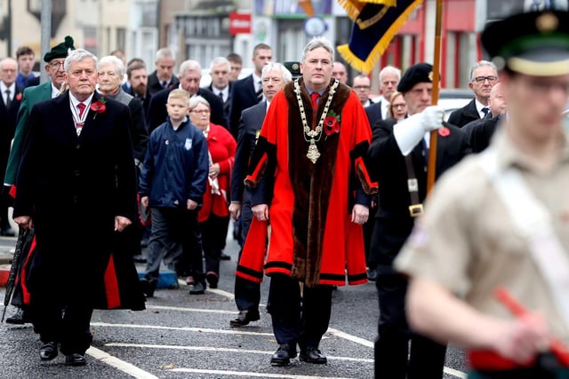 Desmond Hill Deputy Lord-Lieutenant for Couty Londonderry and Richard Holmes, Mayor of Causeway Coast and Glens lead the parade to the War Memorial in Garvagh. Pic Steven McAuley/McAuley Multimedia