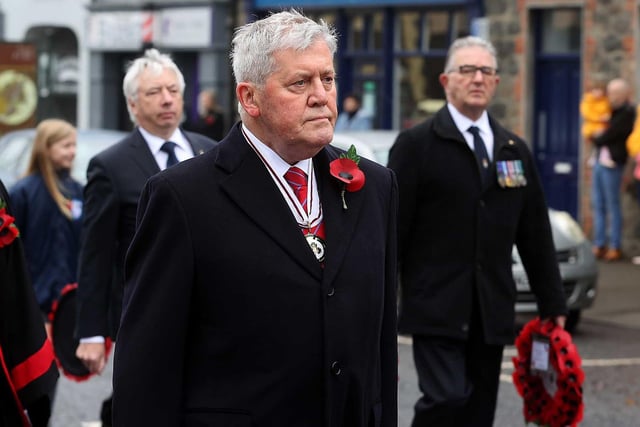 .Desmond Hill Deputy Lord-Lieutenant for Couty Londonderry  lead the parade to the War Memorial in Garvagh. Pic Steven McAuley/McAuley Multimedia