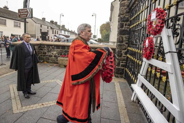 Cllr Richard Holmes, Mayor of Causeway Coast and Glens lays a wreath at the War Memorial in Garvagh. Pic Steven McAuley/McAuley Multimedia