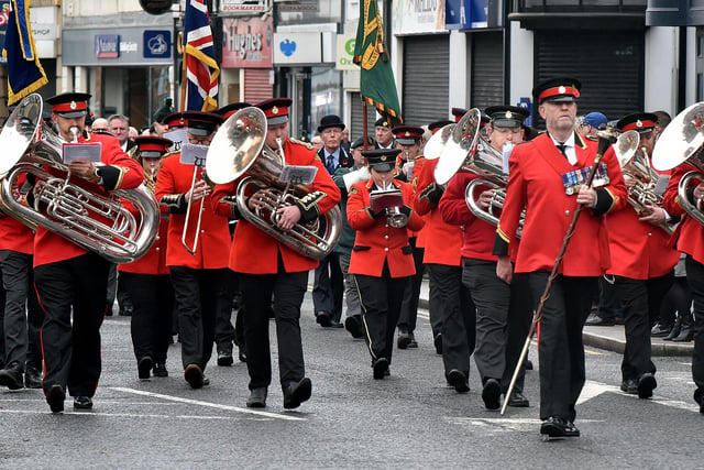St Mark's Silver Band lead the Remembrance Sunday Parade in Portadown Town Centre. INPT46-231.