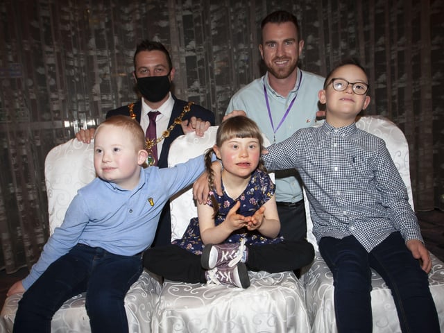 Children from the 4-7 year old group attending the FDST Celebration of Achievement event. At back are Mayor, Alderman Graham Warke and Christopher Cooper, FDST.