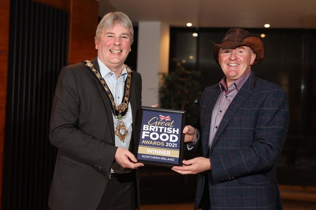 The Mayor of Causeway Coast and Glens Borough Council Councillor Richard Holmes pictured with Great Taste Award winner Alastair Bell of Irish Black Butter.